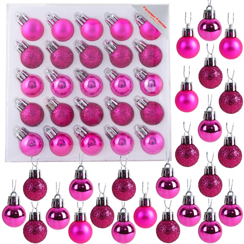 Christmas ConceptsÂ® Pack of 25-25mm Mini Christmas Tree Baubles - Shiny, Matte & Glitter Decorated Ornaments (Hot Pink) - Image 1